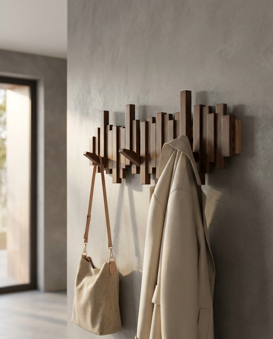 Entryway collection, wood coat rack in a bright entryway