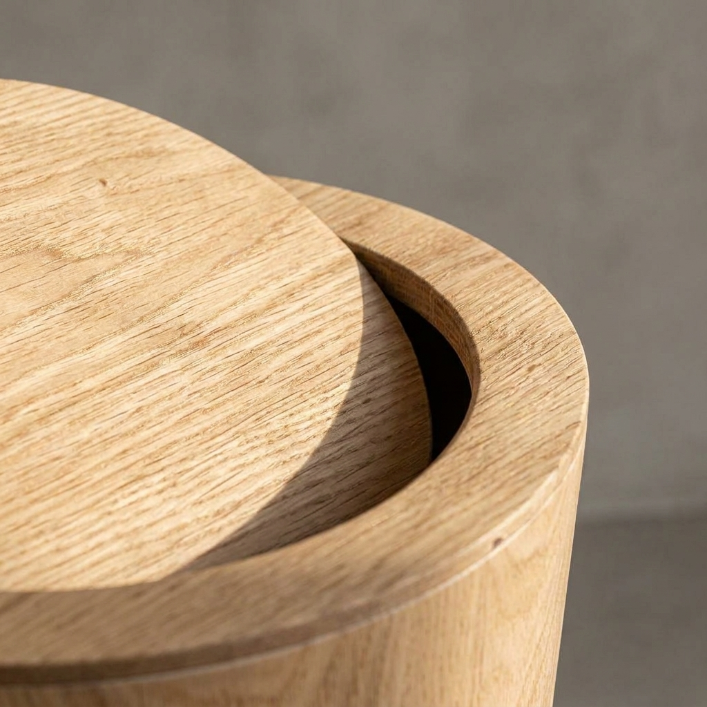 Home Organization collection, wood-grain waste bin in a bright kitchen