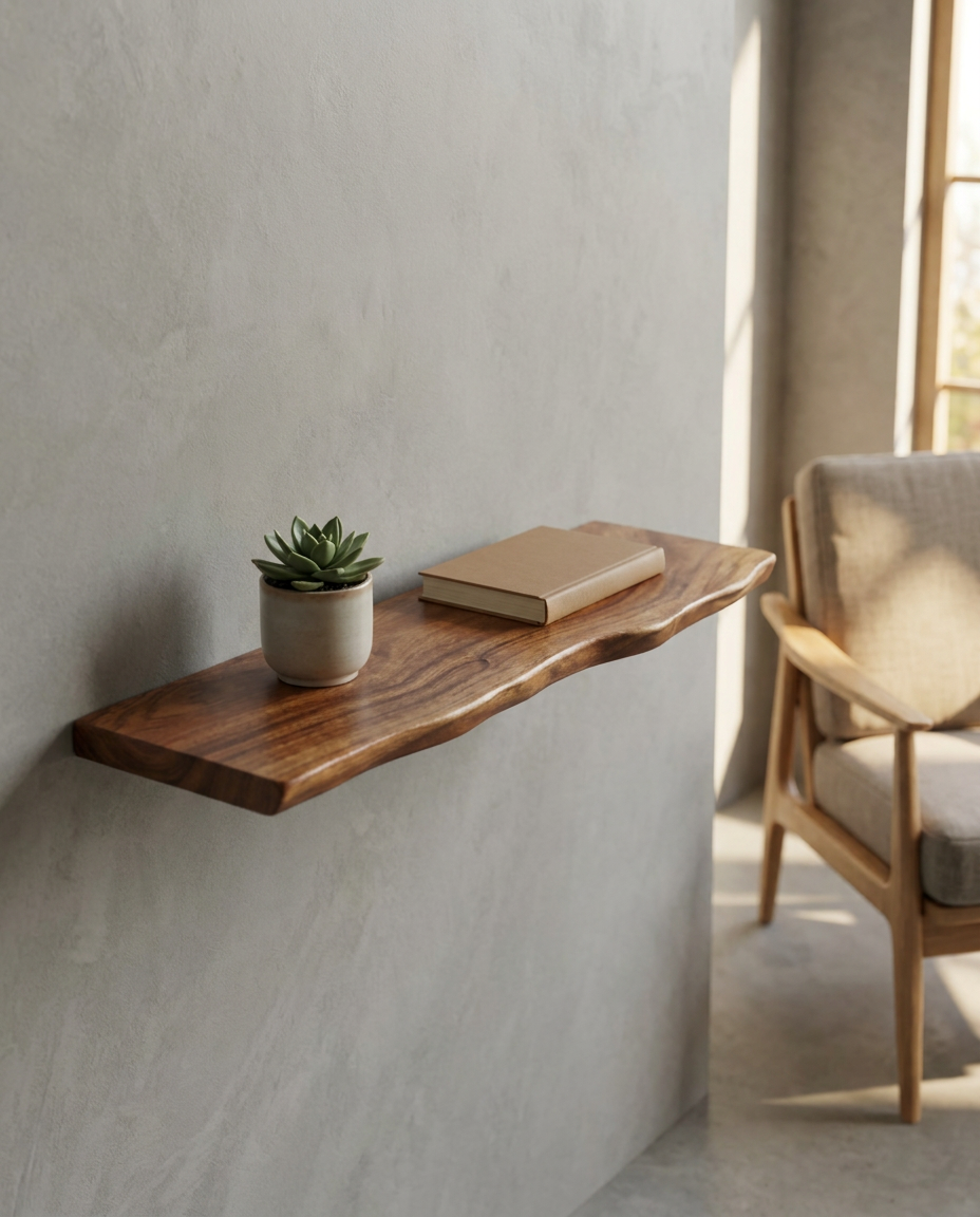 Shelving collection, live-edge wood shelf in a reading nook