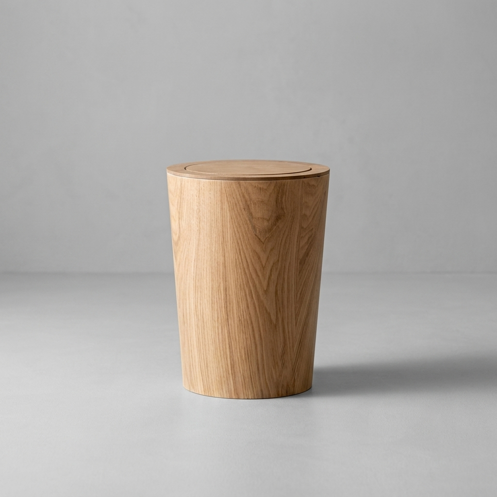 Alder wood-grain rotating waste bin, hero shot, light concrete-grey background