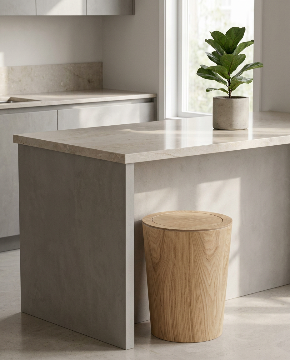 Alder wood-grain rotating waste bin, lifestyle shot in a bright kitchen