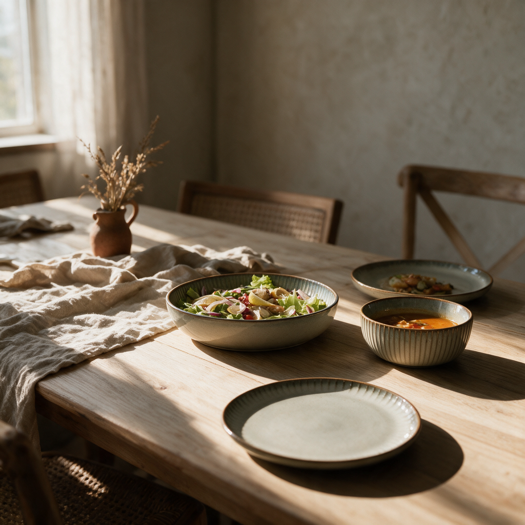 Sage grey ribbed-rim porcelain plates, bowl and serving dish set for a meal on an oak table.