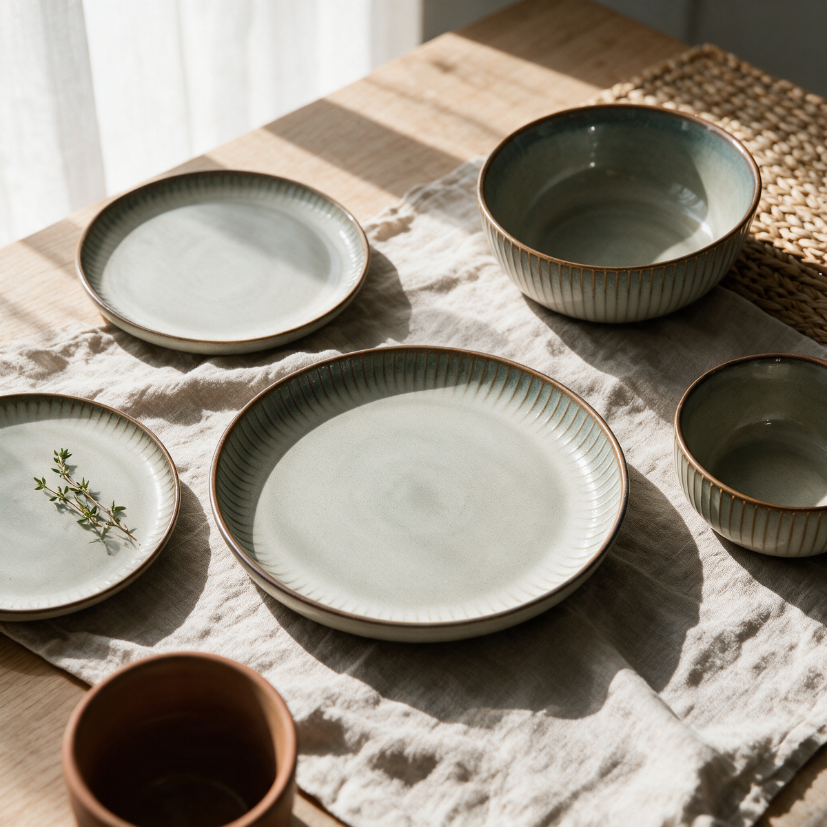 Overhead view of the ribbed-rim porcelain range arranged on a linen cloth on an oak table.