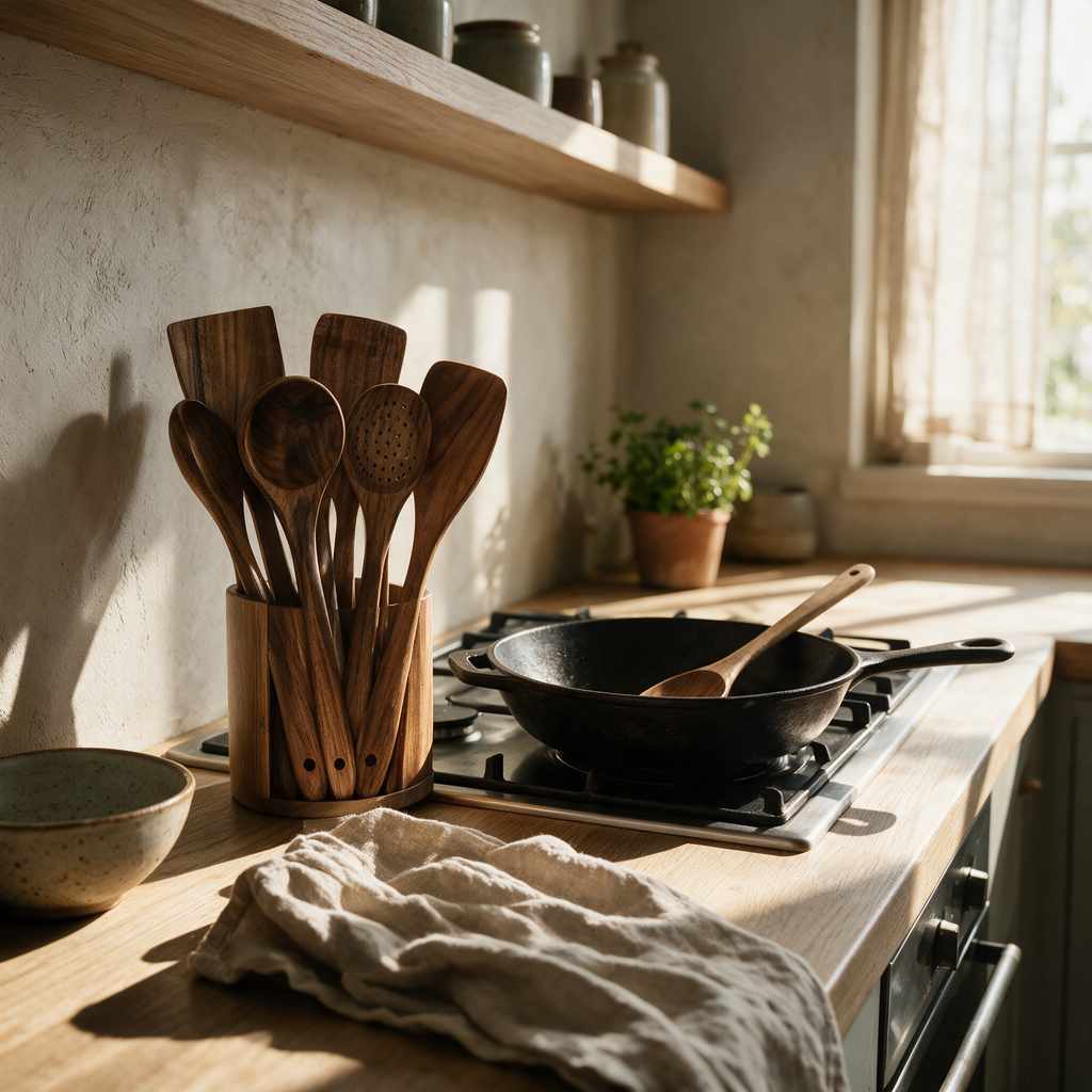 Teak wooden kitchen utensils standing in their holder on an oak bench beside a hob.