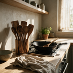 Teak wooden kitchen utensils standing in their holder on an oak bench beside a hob.