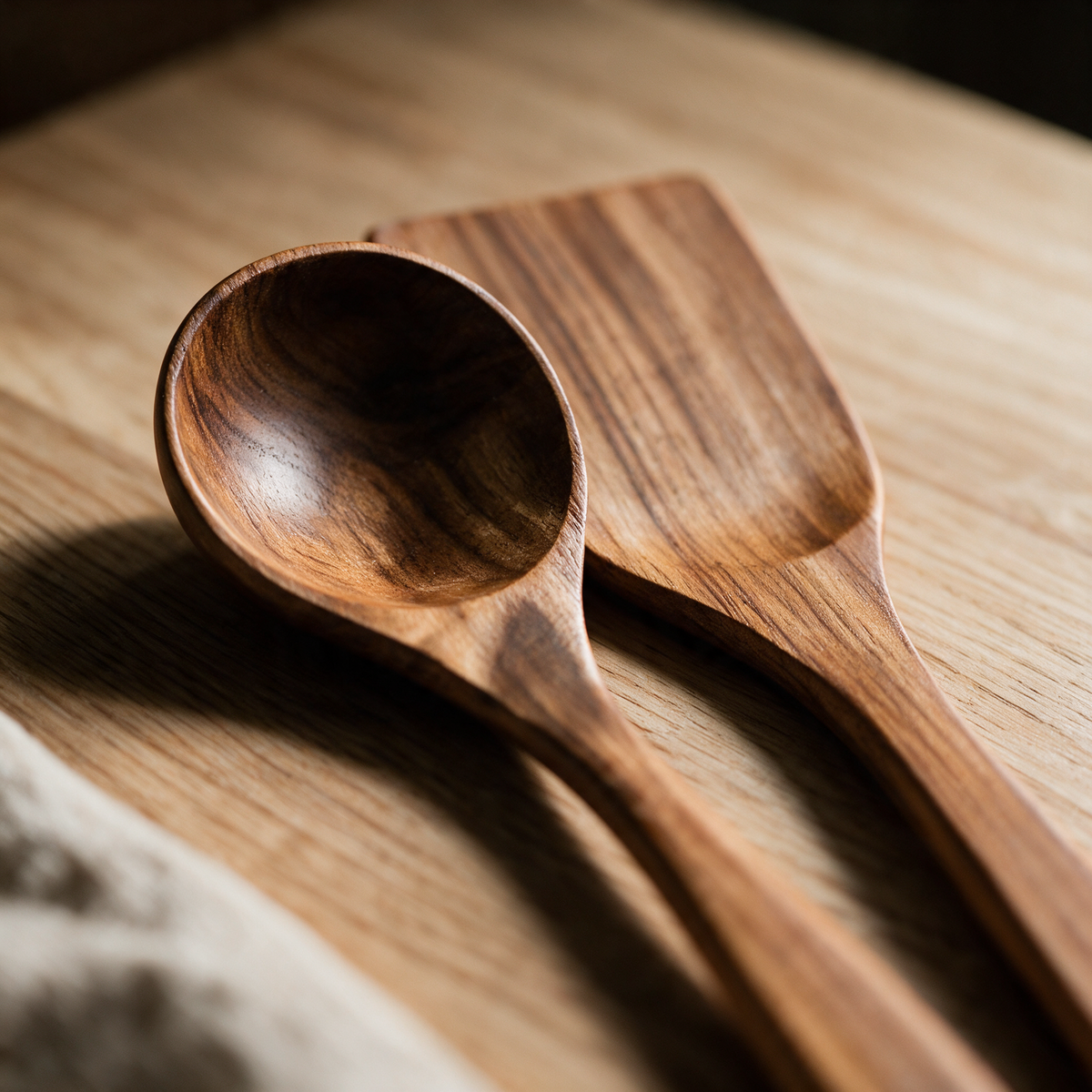 Macro detail of the carved bowl of a wooden spoon and a slotted turner showing the grain.