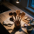 High angle view down into the holder at dusk with the wooden tool heads fanned outward.