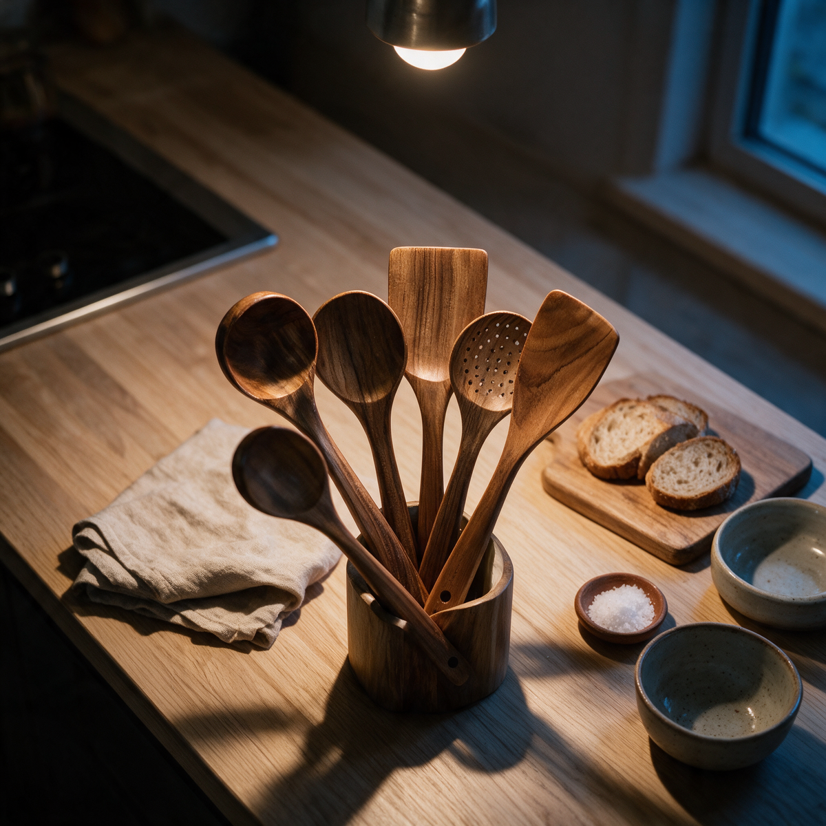 High angle view down into the holder at dusk with the wooden tool heads fanned outward.