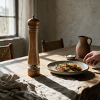 Tall oak grinder standing on a laid dining table beside a stoneware plate and linen napkin.
