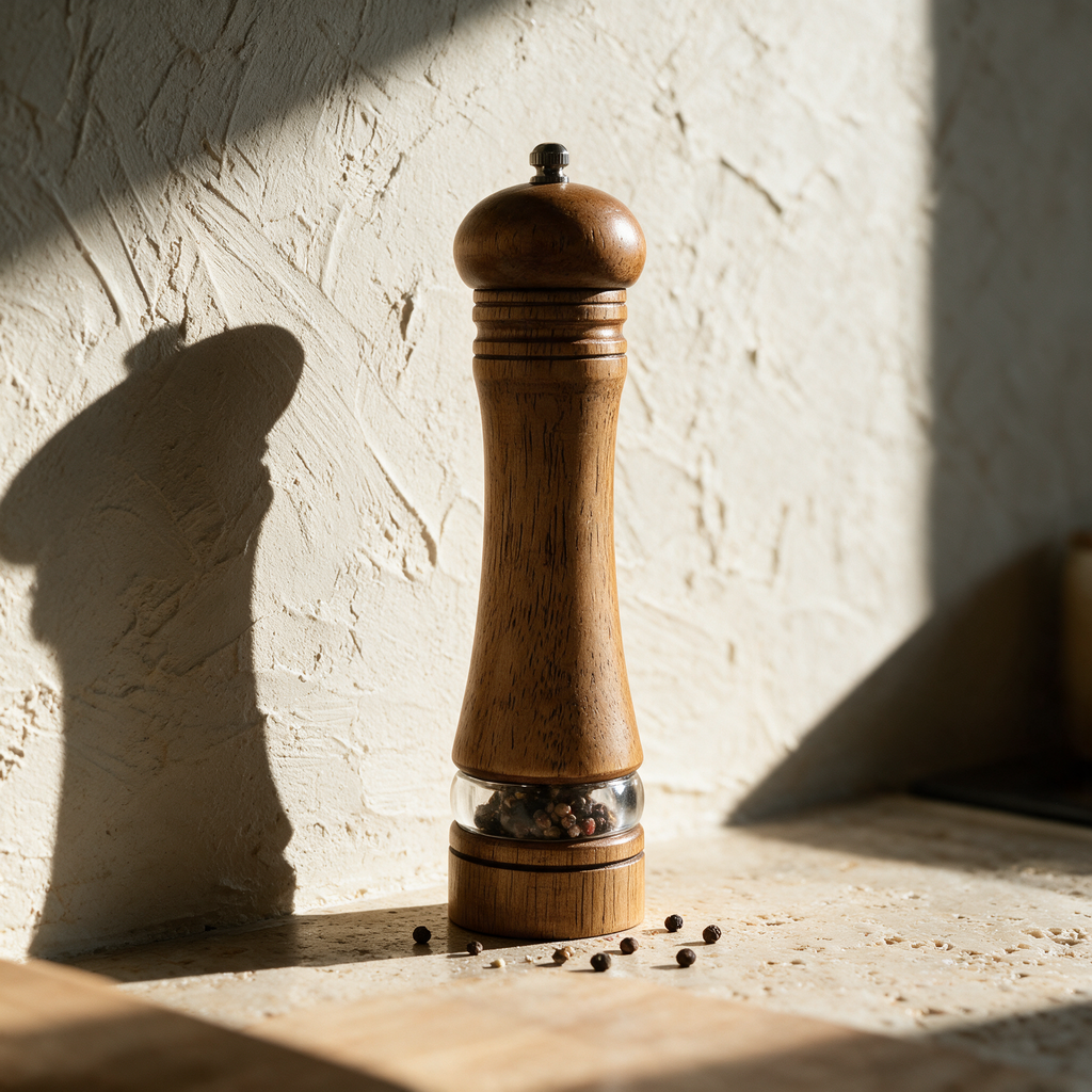 The oak grinder standing alone on a stone counter with scattered peppercorns at its base.