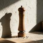 The oak grinder standing alone on a stone counter with scattered peppercorns at its base.