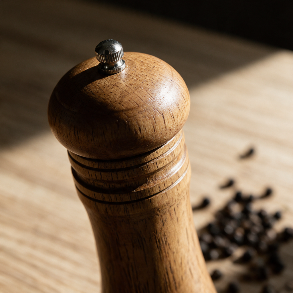 Macro detail of the rounded top knob meeting the oak column and the grain running upward.