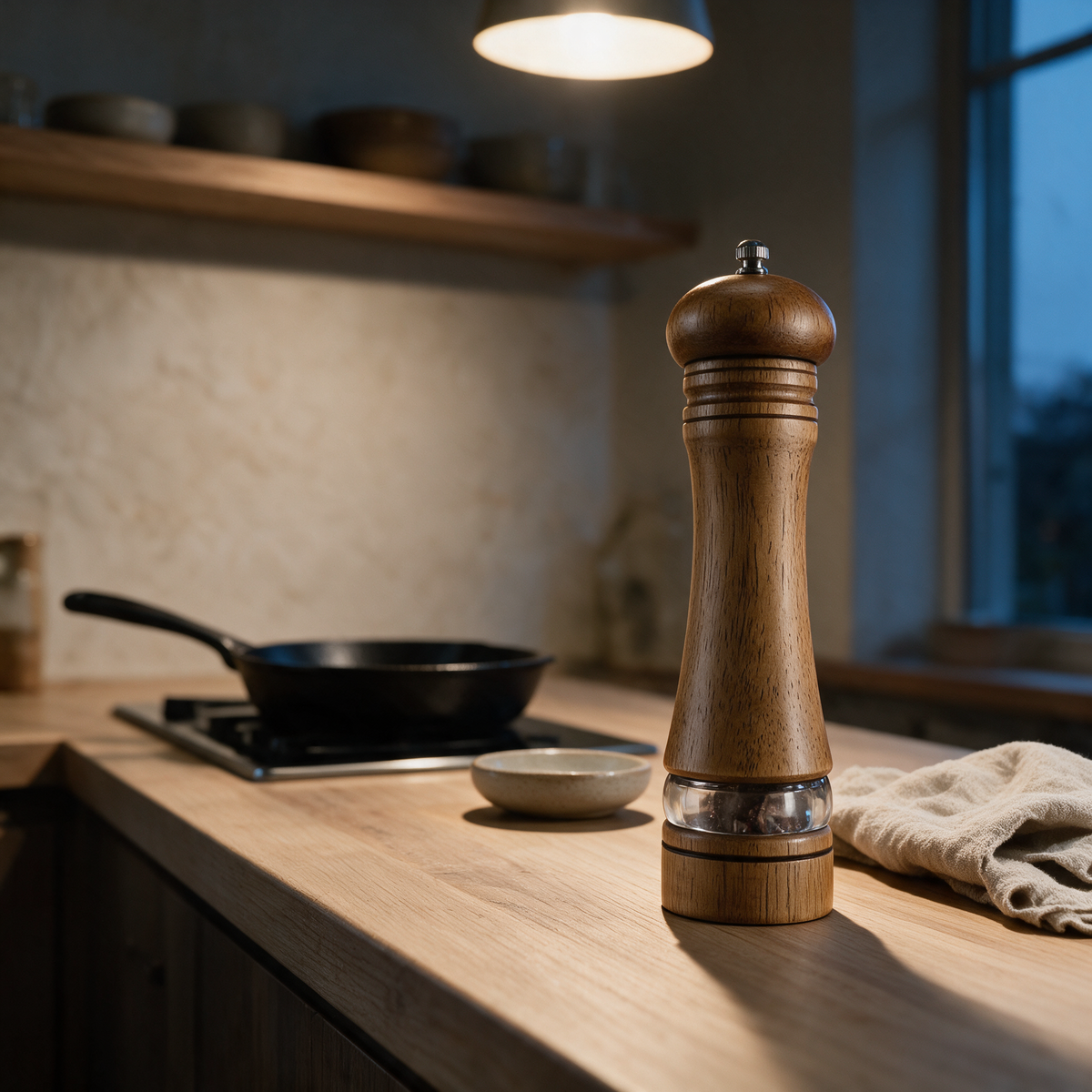 Low side view along a kitchen bench at dusk with the grinder standing tall in the foreground.