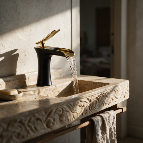 Black waterfall basin mixer with a gold lever and gold flared spout on a travertine vanity