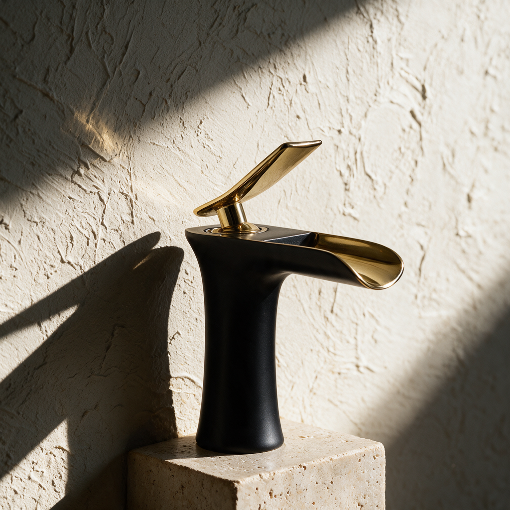 The mixer alone on a travertine plinth against a textured plaster wall in raking sunlight.