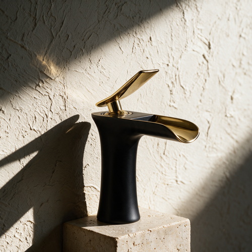 The mixer alone on a travertine plinth against a textured plaster wall in raking sunlight.