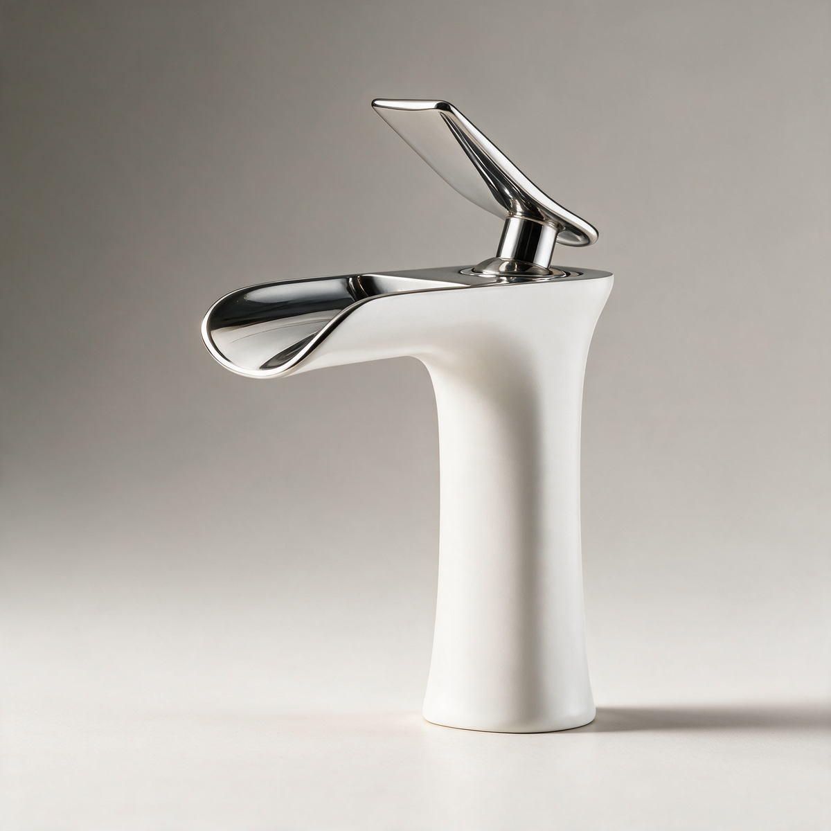 Bourne Waterfall Basin Mixer with Flared Spout — White & Chrome