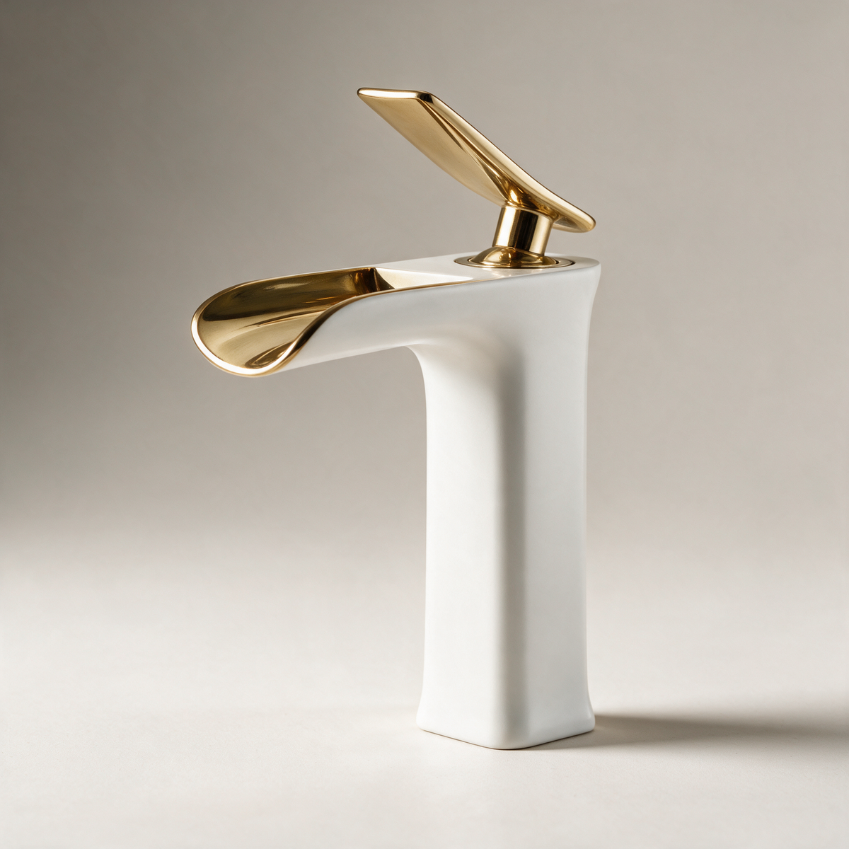 Bourne Waterfall Basin Mixer with Flared Spout — White & Gold