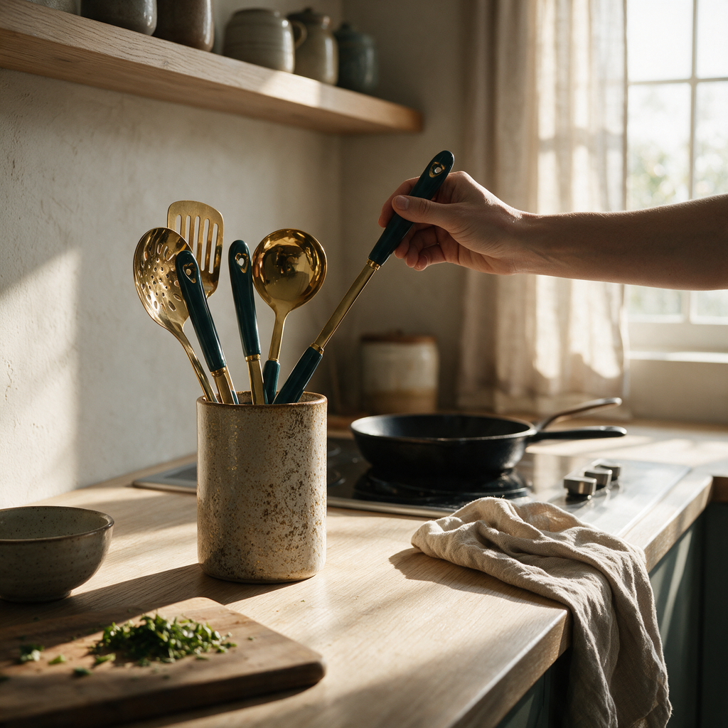 Gold utensils with teal handles standing in a ceramic crock on a kitchen bench beside a hob.