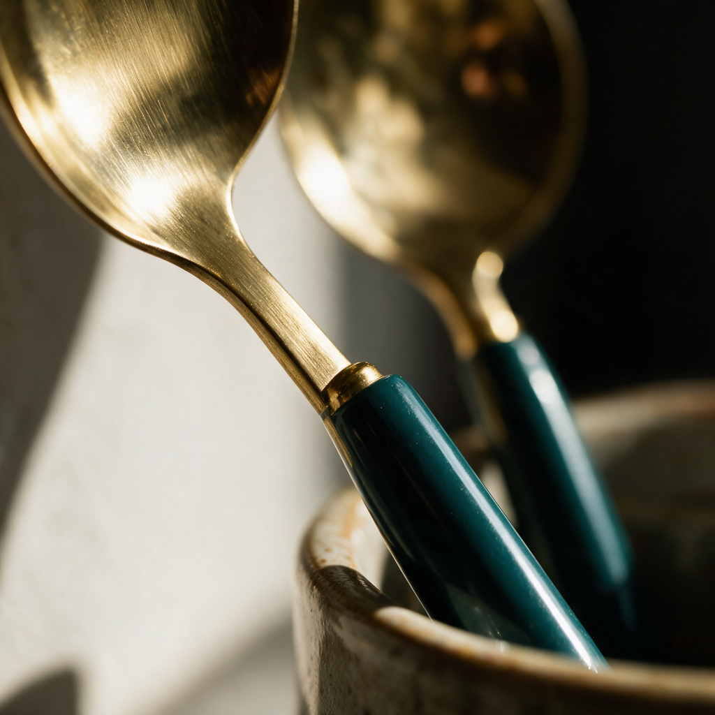 Macro detail of the junction where a brushed gold head meets its teal handle.