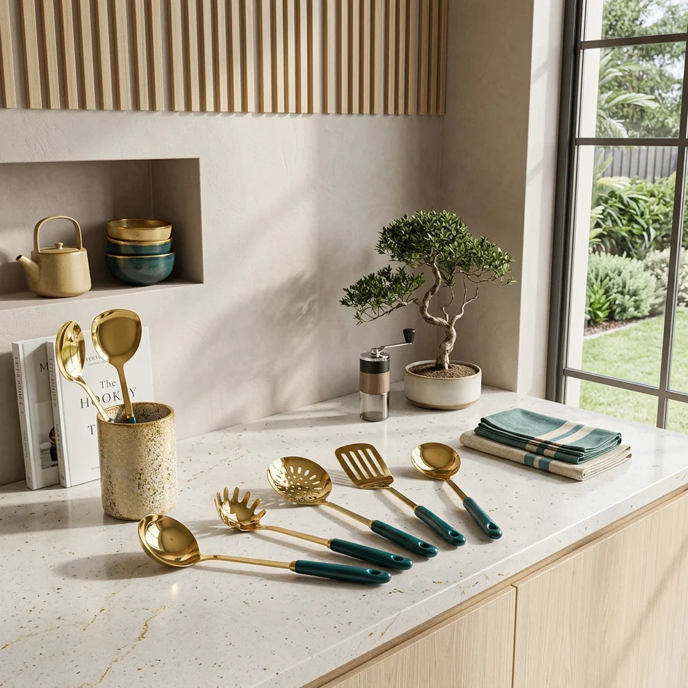 Corran Gold Kitchen Utensil Set with Teal Handles