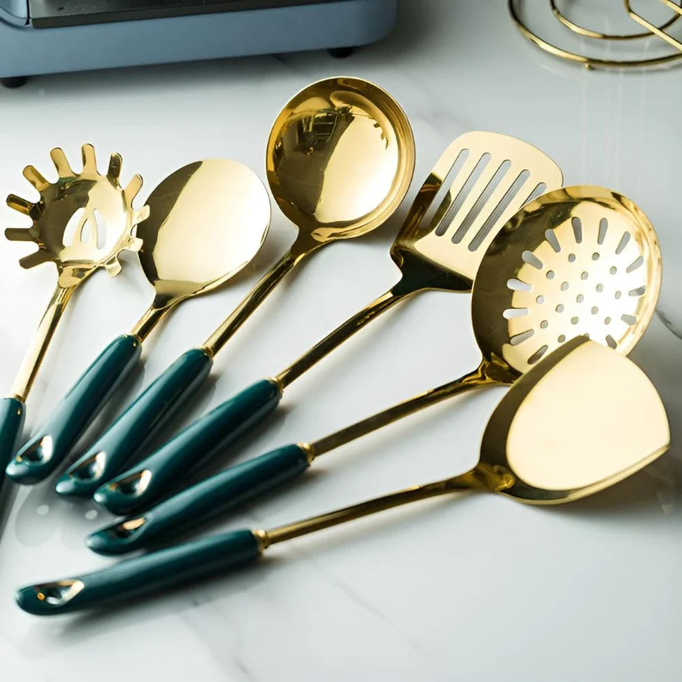 Corran Gold Kitchen Utensil Set with Teal Handles