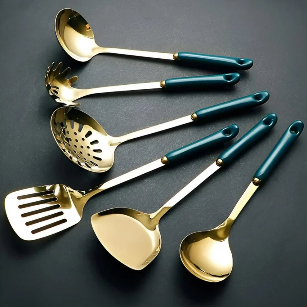 Corran Gold Kitchen Utensil Set with Teal Handles