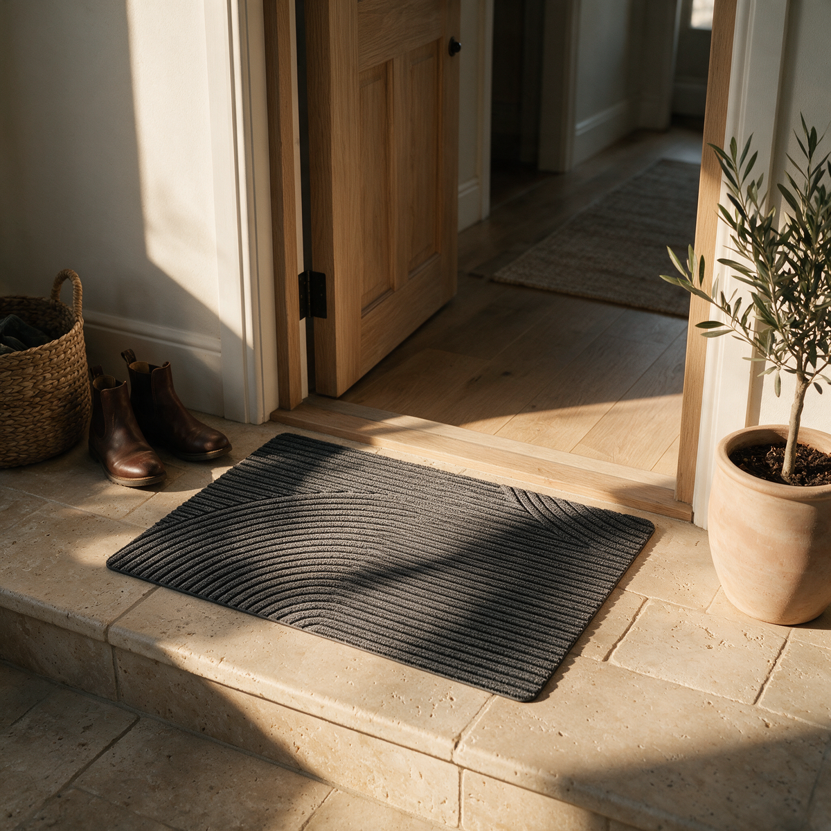 Dark grey ribbed PVC doormat lying flat on a travertine entry threshold in golden hour light.