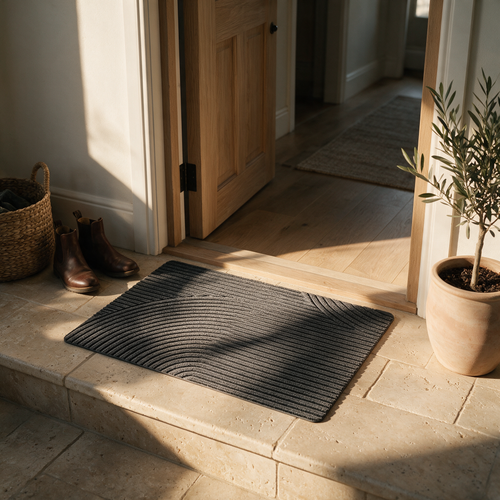 Dark grey ribbed PVC doormat lying flat on a travertine entry threshold in golden hour light.