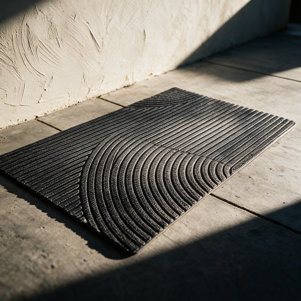 The doormat alone on a concrete terrace with raking light picking out the curved arc ribs.