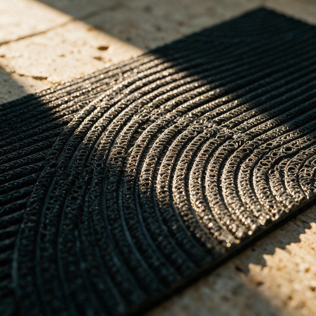 Macro close-up of the PVC coil structure between two arcing ribs.