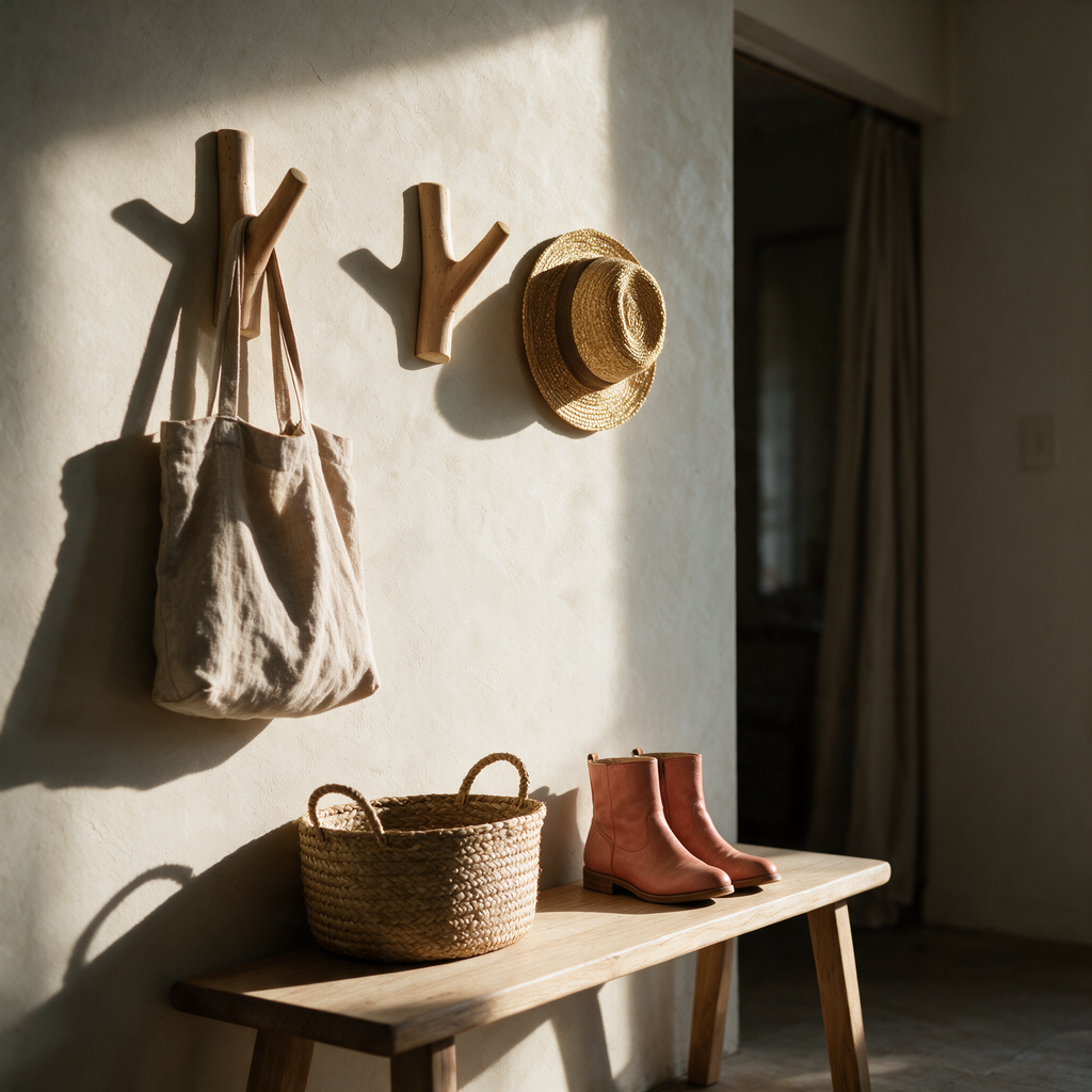 Three forked timber branch hooks mounted in a row on a plaster entryway wall holding a tote and hat.