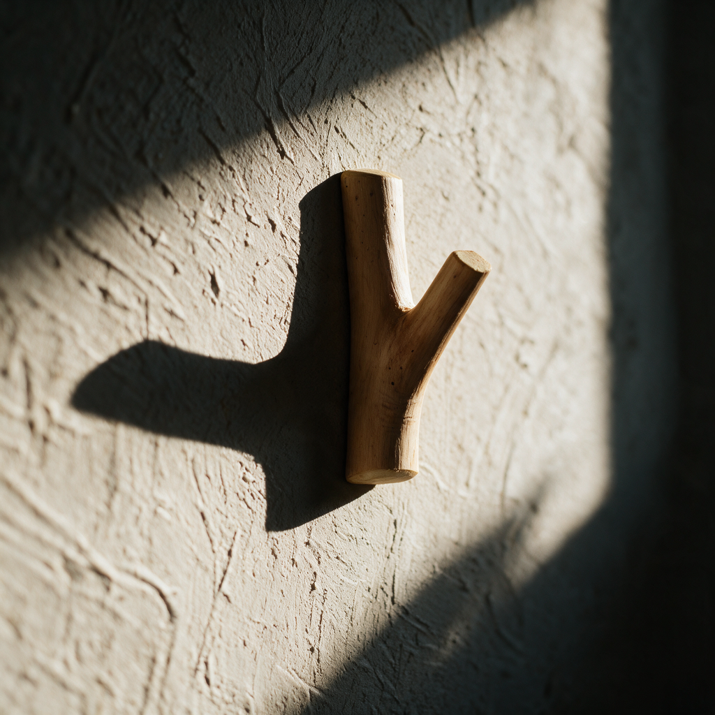A single bare forked timber hook on a textured plaster wall in raking light.