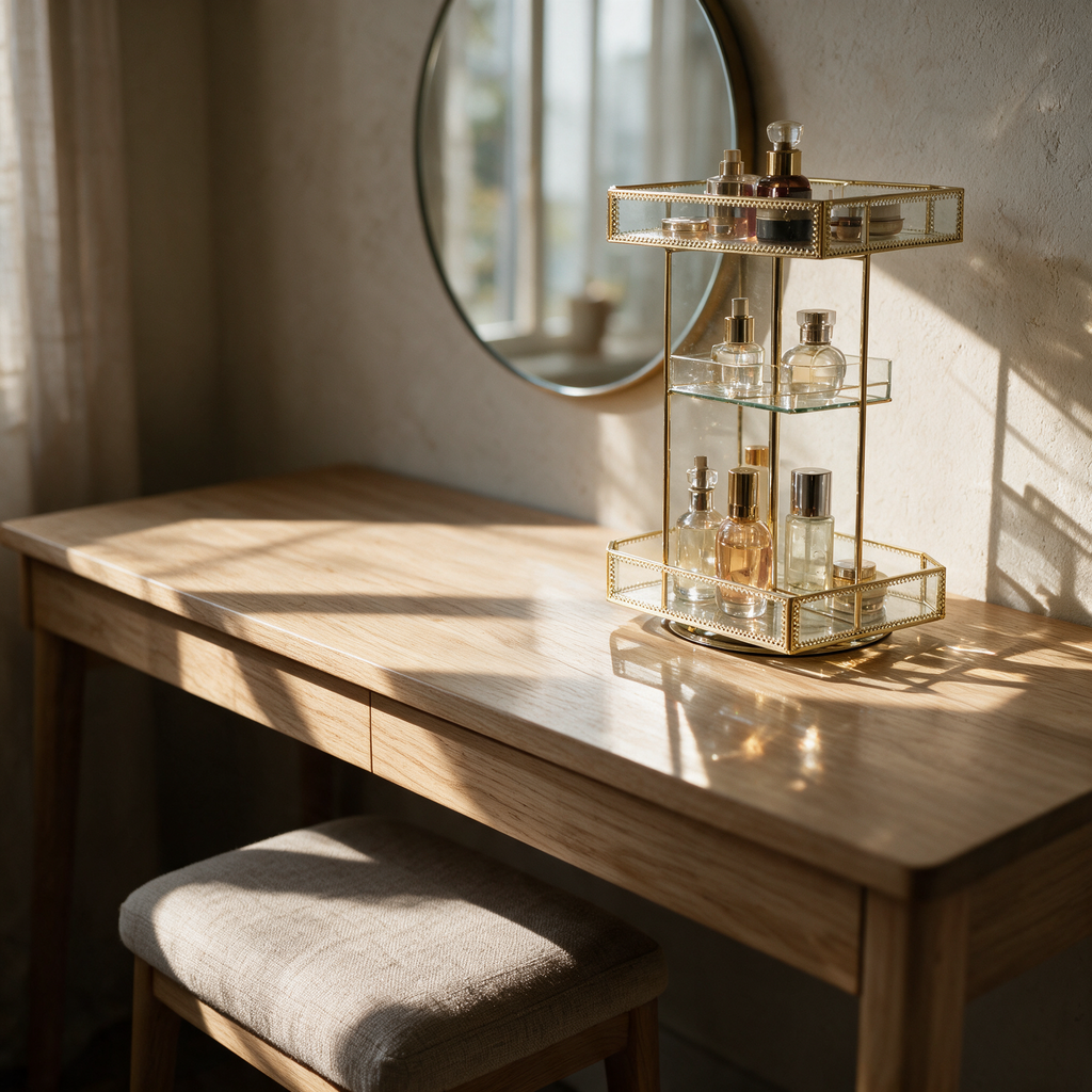 Tiered glass and gold rotating vanity organiser holding bottles on a pale oak dressing table.