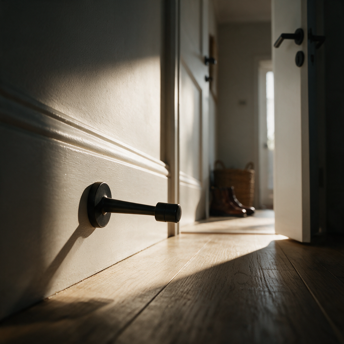 Black cylinder door stop mounted on a hallway skirting board behind a half-open door.