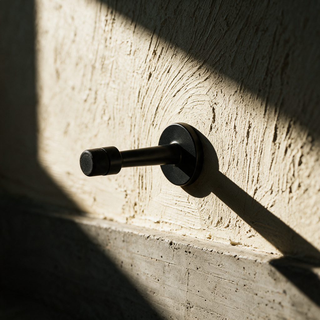 The wall-mounted stop alone projecting from a textured plaster wall in raking light.