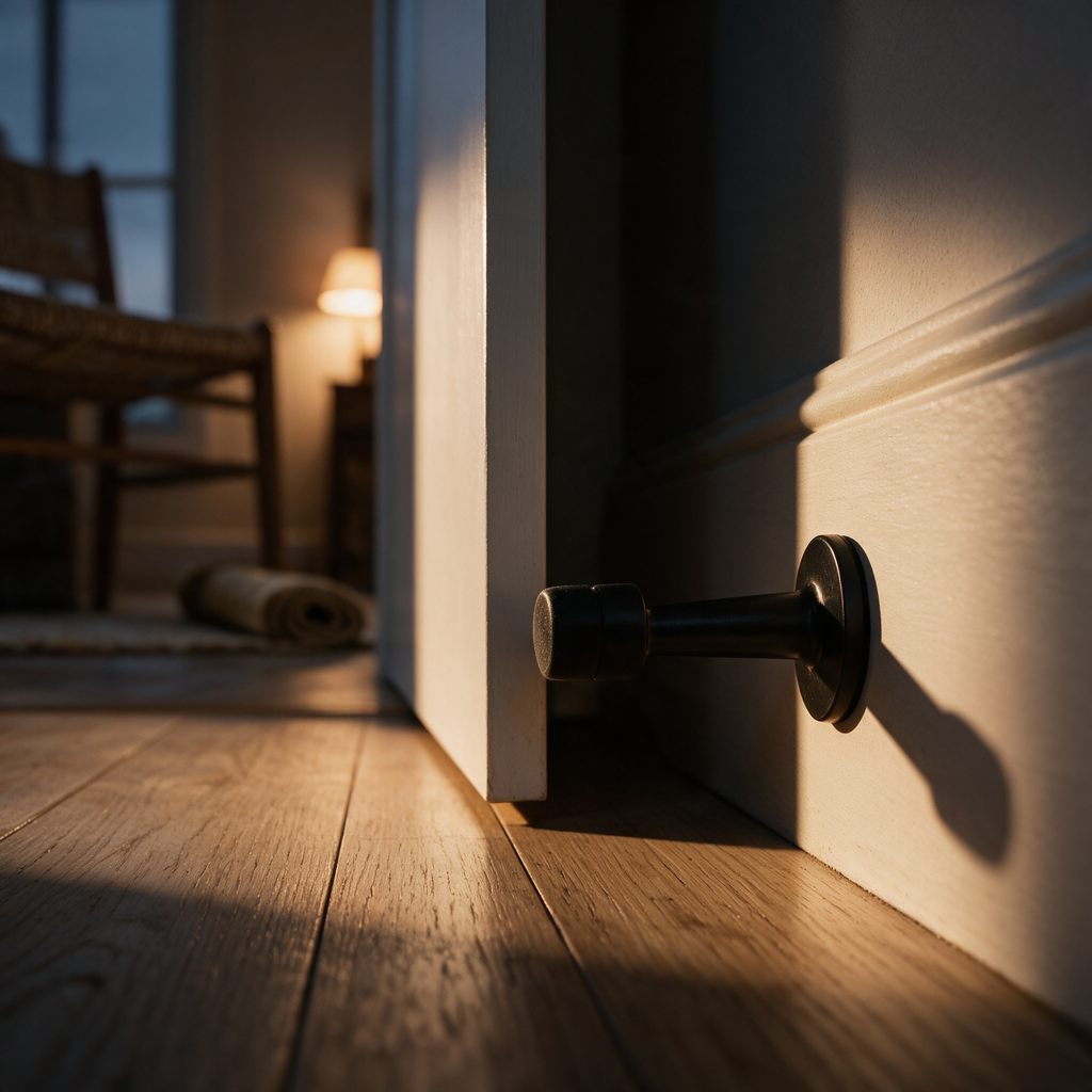 Low end-on view along the skirting with a door edge touching the rubber tip.