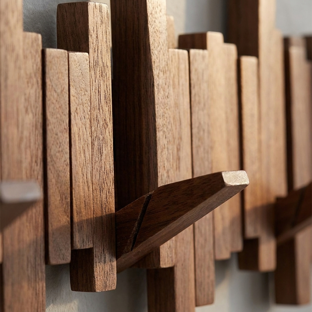 Fernwood wood wall coat rack, close-up wood grain detail