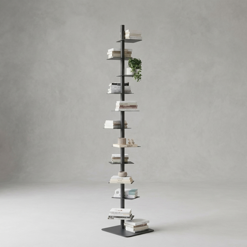 Foundry steel floating ledge shelf, hero shot, light concrete-grey background