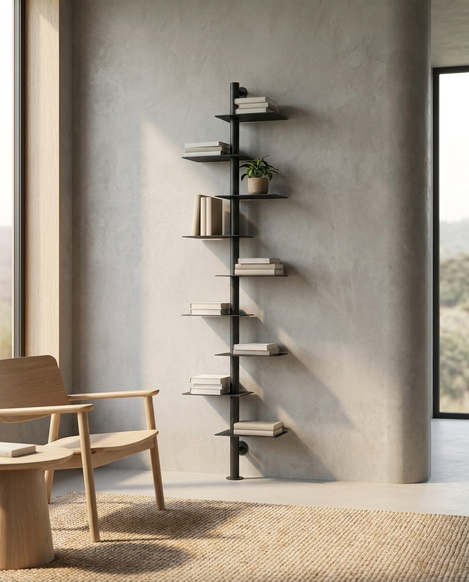 Foundry steel floating ledge shelf, lifestyle shot in bright living room