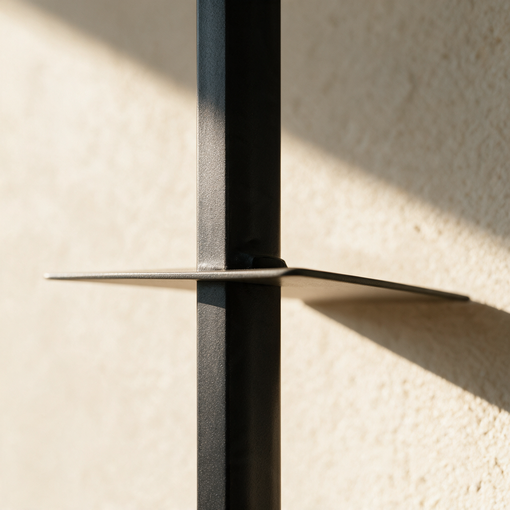 Close up of a thin shelf plate fixed directly to a slim flat black steel post