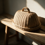 Close-up of the loop handle and woven strands at the crown of the rattan dome.