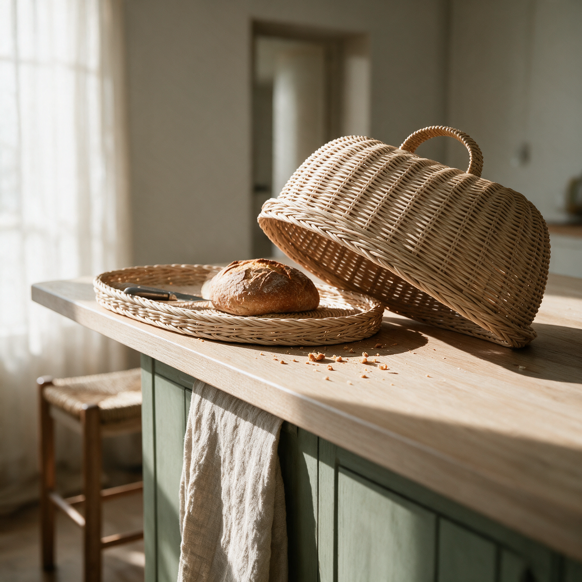 The rattan dome tilted on its side beside its flat woven base holding a round loaf.