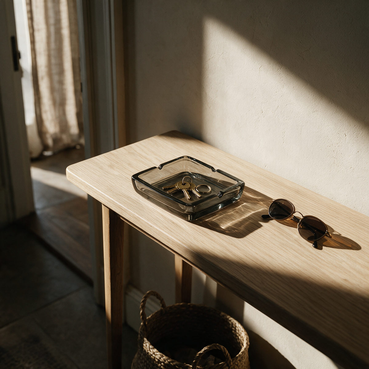 Square smoke glass tray holding keys and a ring on a pale oak hall console.