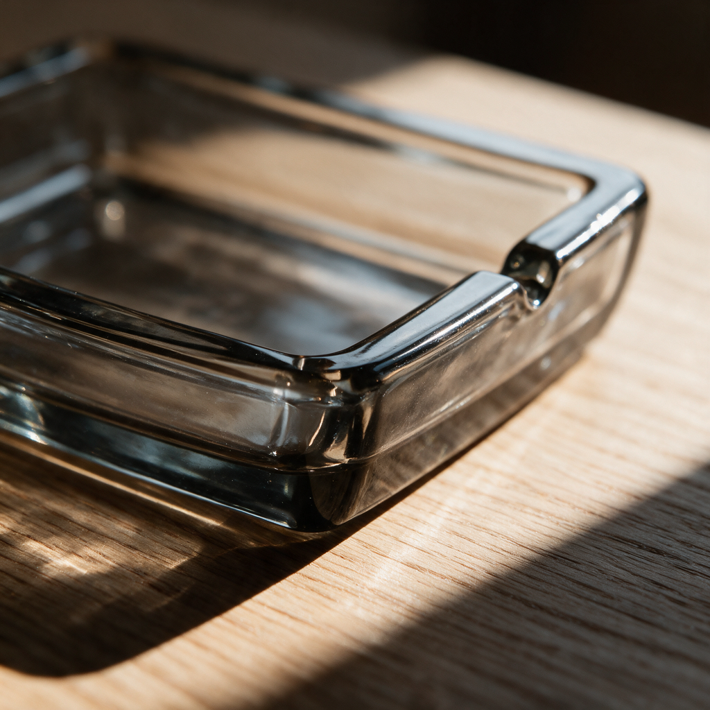 Macro view of one corner of the tray where the raised lip meets the thick glass base.