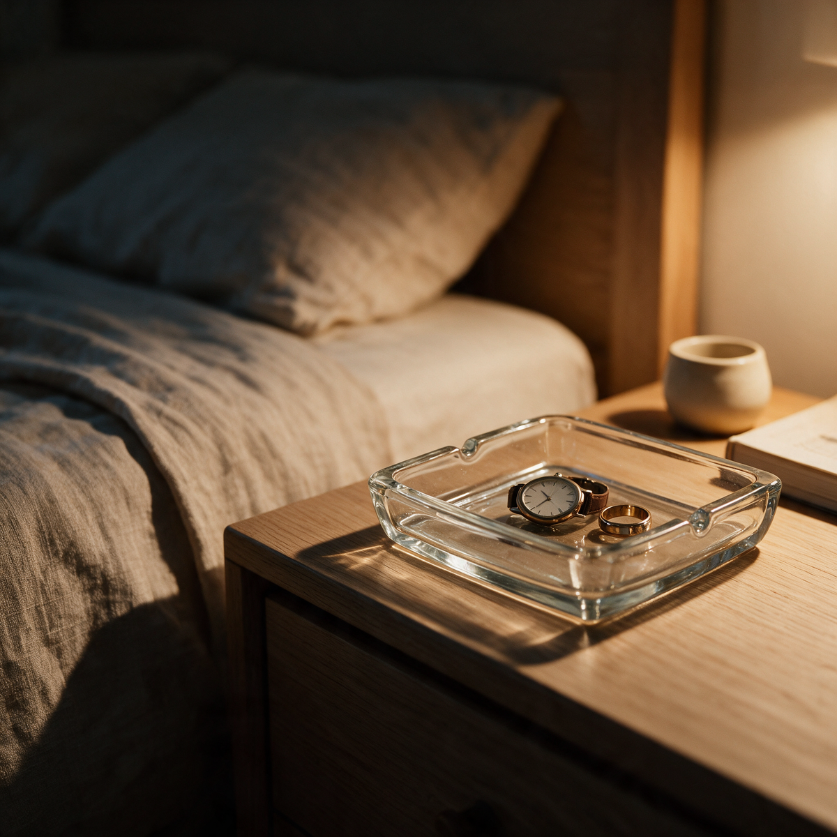 Low end-on view of the clear glass tray on a bedside table holding a watch and rings.