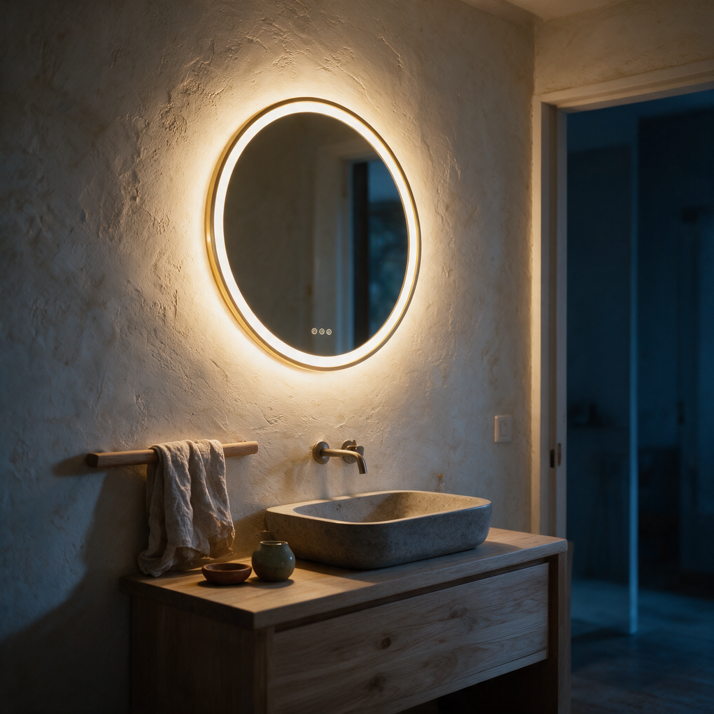 Round backlit mirror glowing above a pale oak vanity in a dusk-lit bathroom.