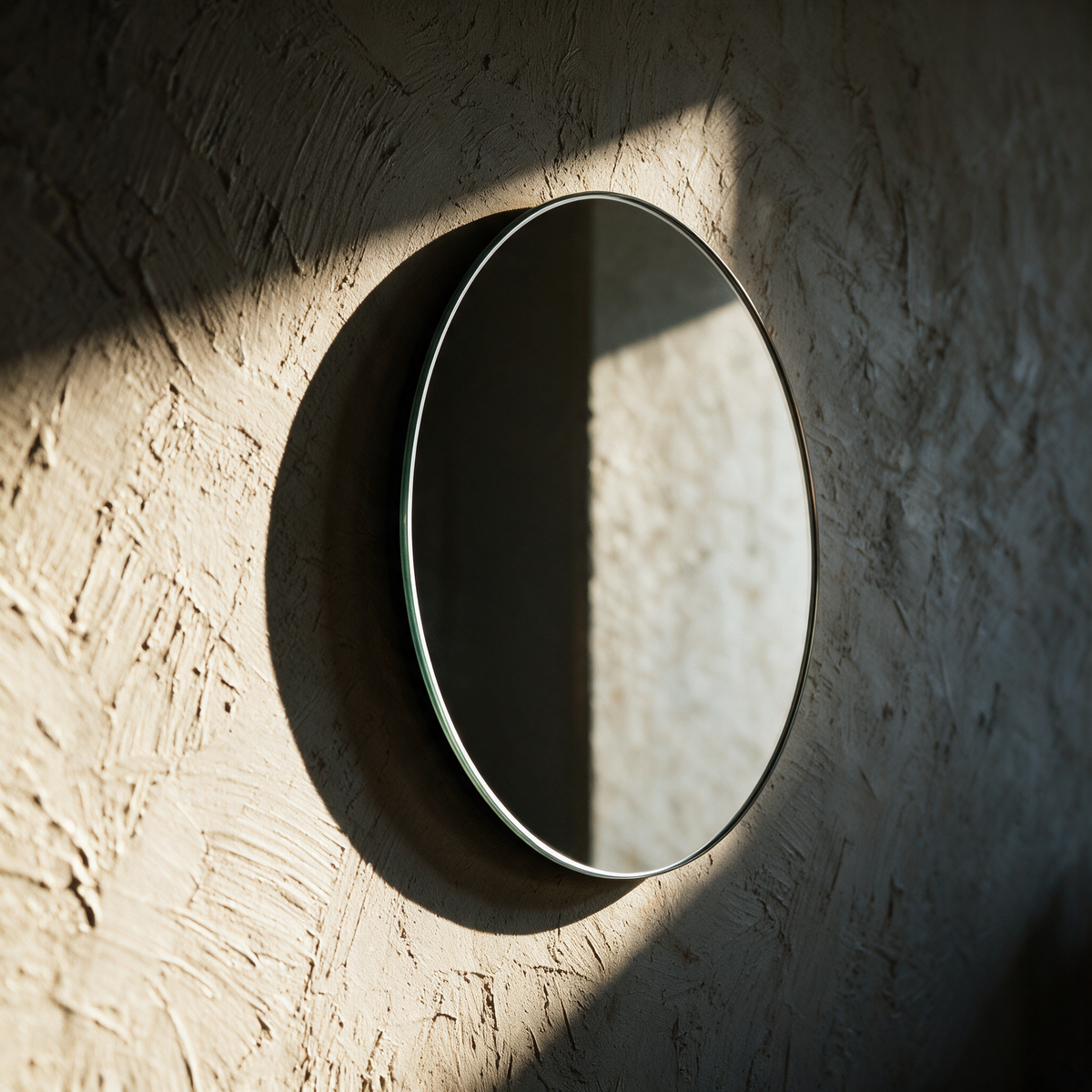 The round frameless mirror unlit on a textured plaster wall in raking daylight.