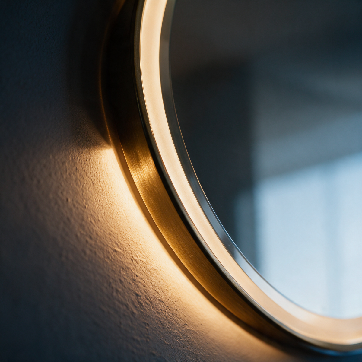 Close-up of the mirror rim with the concealed LED halo spilling warm light onto the plaster.