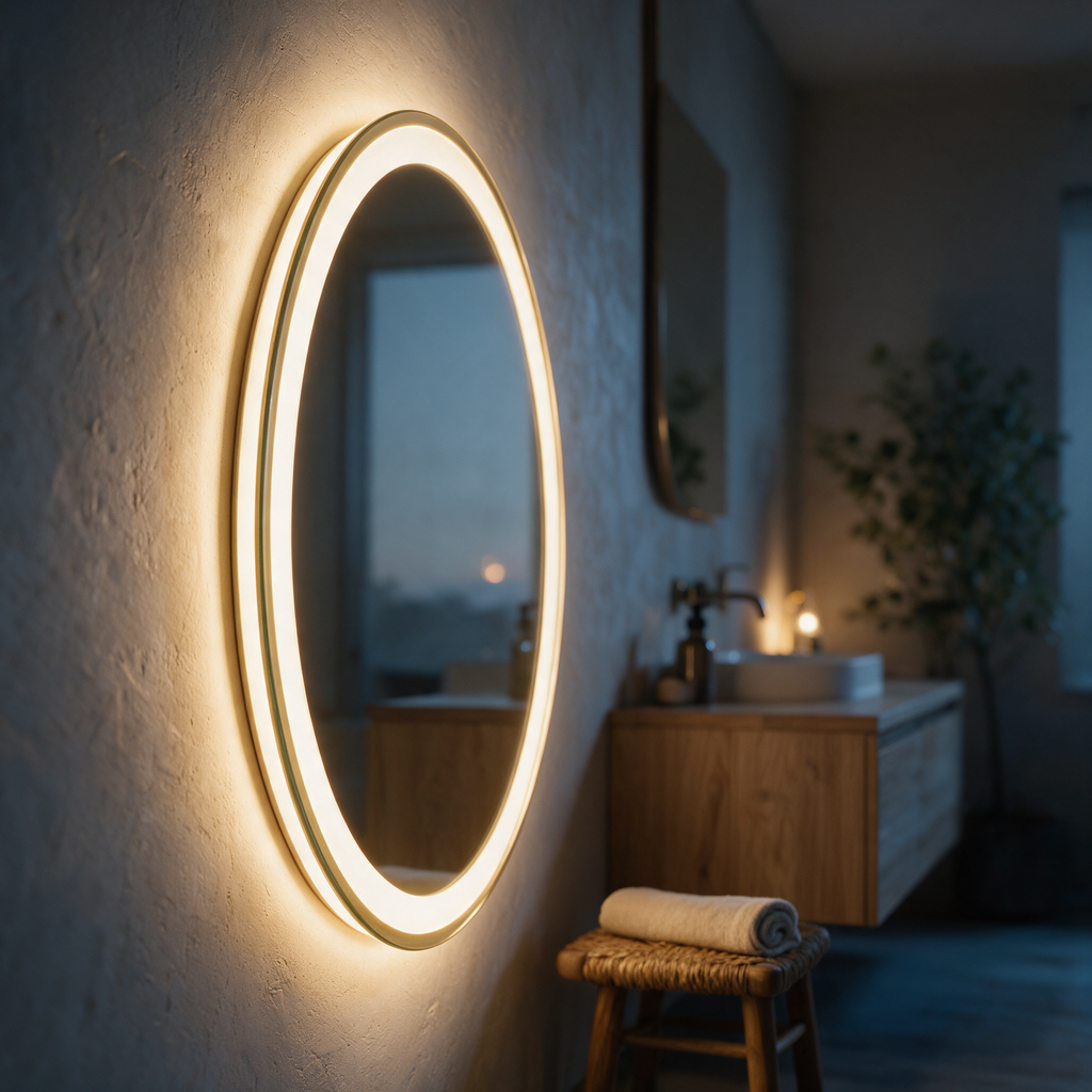 Side-on view showing the standoff gap and depth of the backlight behind the lit mirror.